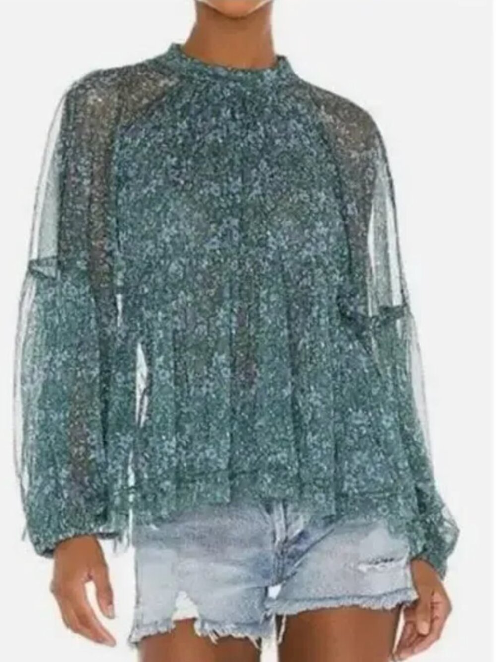 Free People Emerald Multi Shear Sweat Heart Blouse Womens Small Oversize